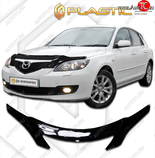 2 599 р. Дефлектор капота (exclusive) CA-Plastic  Mazda 3/Axela  BK (2003-2009) дорестайлинг, хэтчбэк, рестайлинг, хэтчбэк (Classic чёрный, Без надписи)  с доставкой в г. Керчь
