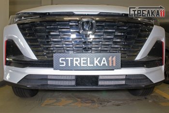 Защитная сетка радиатора в бампер (ячейка 3х7 мм, комплект) Стрелка 11 Стандарт Changan CS55 Plus (2021-2025) (хром)