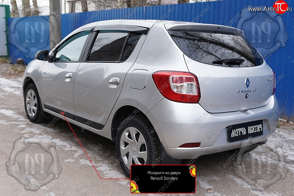 799 р. Задний левый молдинг на дверь Русская Артель  Renault Sandero  (B8) (2014-2018) дорестайлинг (Поверхность глянец, Неокрашенный)  с доставкой в г. Керчь