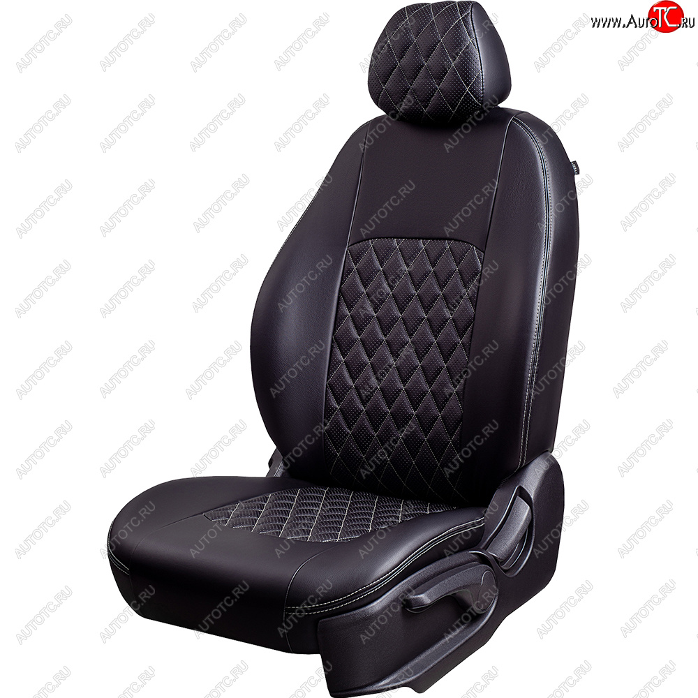 9 449 р. Чехлы для сидений Lord Autofashion Турин Ромб (экокожа, спинка и сиденье 60/40, 2 Г-образных подголовника) Skoda Fabia Mk2 хэтчбэк рестайлинг (2010-2014) (Черный, вставка черная, строчка серая)  с доставкой в г. Керчь
