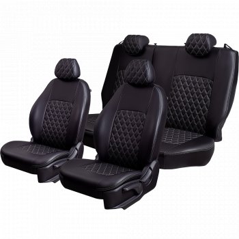 9 449 р. Чехлы для сидений Lord Autofashion Турин Ромб (экокожа, спинка и сиденье 60/40, 2 Г-образных подголовника) Skoda Fabia Mk2 хэтчбэк рестайлинг (2010-2014) (Черный, вставка черная, строчка серая)  с доставкой в г. Керчь. Увеличить фотографию 2