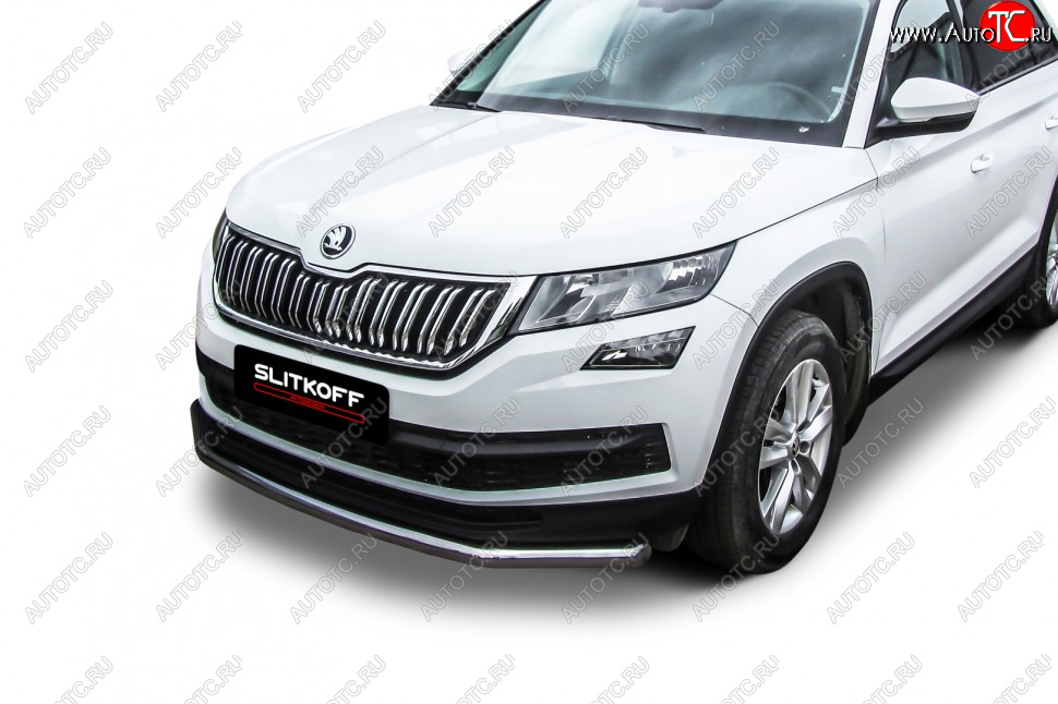 14 449 р. Защита переднего бампера Slitkoff (Ø 57 мм) .  Skoda Kodiaq  NU7 (2017-2021) дорестайлинг (Нержавеющая сталь)  с доставкой в г. Керчь