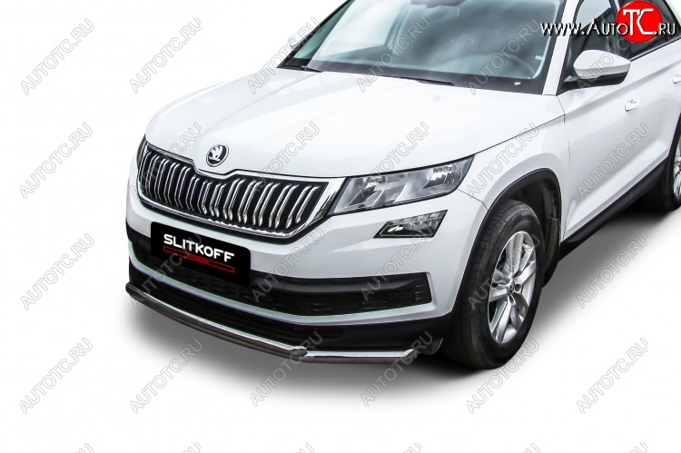 14 999 р. Защита переднего бампера Slitkoff (Ø 57+Ø 42, двойная).  Skoda Kodiaq  NU7 (2017-2021) дорестайлинг (Нержавеющая сталь)  с доставкой в г. Керчь