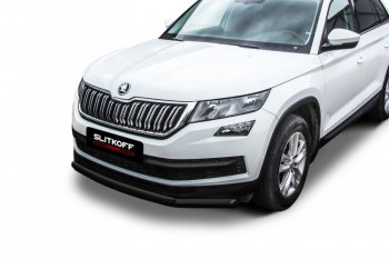 Защита переднего бампера Slitkoff (Ø 57+Ø 42, двойная). Skoda Kodiaq  NU7 (2017-2021) дорестайлинг (Сталь с полимерным покрытием. Цвет: черный)