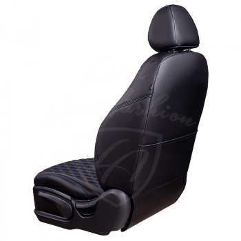 Чехлы для сидений Lord Autofashion Байрон (экокожа, спинка 40/20/40, сиденья 60/40, 3 Г-образных подголовника) Skoda Kodiaq  NU7 (2017-2021) дорестайлинг (Черный, вставка черная, строчка синяя)