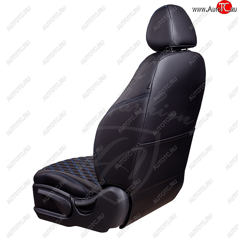 12 599 р. Чехлы для сидений Lord Autofashion Байрон (экокожа, спинка 40/20/40, сиденья 60/40, 3 Г-образных подголовника)  Skoda Kodiaq  NU7 (2017-2021) дорестайлинг (Черный, вставка черная, строчка синяя)  с доставкой в г. Керчь