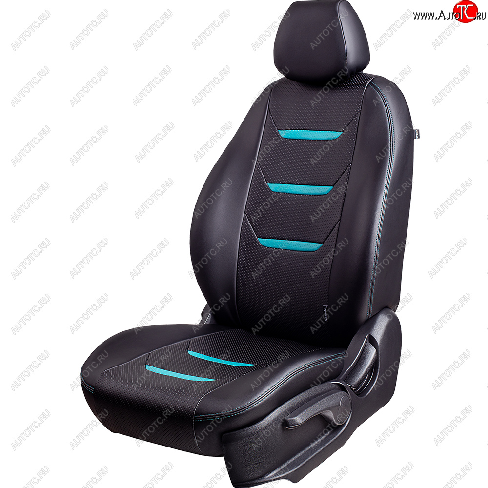 7 399 р. Чехлы для сидений (комплектация Ambition без подлокот-ка) Lord Autofashion Турин 2 (экокожа)  Skoda Octavia  A7 (2012-2020) дорестайлинг лифтбэк, дорестайлинг универсал, рестайлинг лифтбэк, рестайлинг универсал (Чёрный/Чёрный/Бирюзовый/Бирюзовый)  с доставкой в г. Керчь