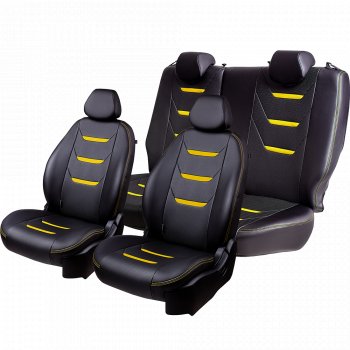6 699 р. Чехлы для сидений (комплектация Ambition без подлокот-ка) Lord Autofashion Турин 2 (экокожа)  Skoda Octavia  A7 (2012-2020) дорестайлинг лифтбэк, дорестайлинг универсал, рестайлинг лифтбэк, рестайлинг универсал (Чёрный/Чёрный/Жёлтый/Жёлтый)  с доставкой в г. Керчь. Увеличить фотографию 2