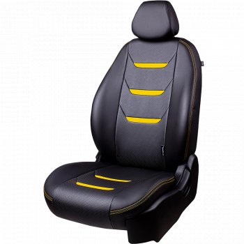 Чехлы для сидений (комплектация Ambition без подлокот-ка) Lord Autofashion Турин 2 (экокожа) Skoda Octavia  A7 (2012-2020) дорестайлинг лифтбэк, дорестайлинг универсал, рестайлинг лифтбэк, рестайлинг универсал (Чёрный/Чёрный/Жёлтый/Жёлтый)