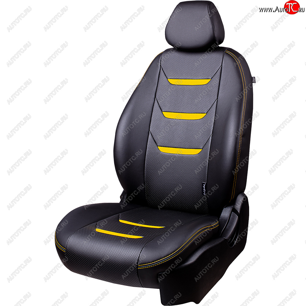 6 699 р. Чехлы для сидений (комплектация Ambition без подлокот-ка) Lord Autofashion Турин 2 (экокожа)  Skoda Octavia  A7 (2012-2020) дорестайлинг лифтбэк, дорестайлинг универсал, рестайлинг лифтбэк, рестайлинг универсал (Чёрный/Чёрный/Жёлтый/Жёлтый)  с доставкой в г. Керчь