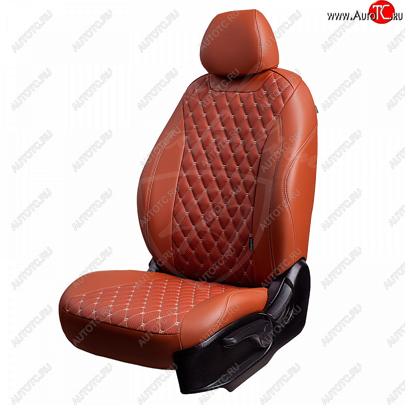10 899 р. Чехлы для сидений (комплектация Elegance) Lord Autofashion Байрон (экокожа, 60/40, подлокотник, 3 Г-образных подголовника)  Skoda Octavia  A7 (2012-2020) дорестайлинг лифтбэк, дорестайлинг универсал, рестайлинг лифтбэк, рестайлинг универсал (Коричневый, вставка коричневая, строчка бежевая)  с доставкой в г. Керчь