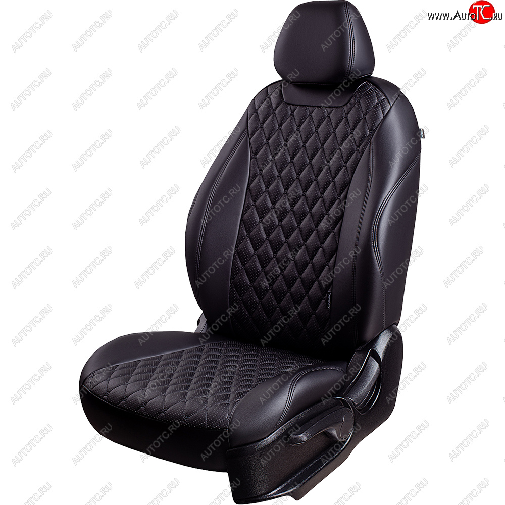19 649 р. Чехлы для сидений (комплектация Active) Lord Autofashion Байрон (экокожа, сплошная спинка, 3 Г-образных подголовника)  Skoda Rapid ( NH3,  NH1) (2012-2020) дорестайлинг лифтбэк, хэтчбэк дорестайлинг, хэтчбэк рестайлинг, рестайлинг лифтбэк (Черный, вставка черная, строчка черная)  с доставкой в г. Керчь