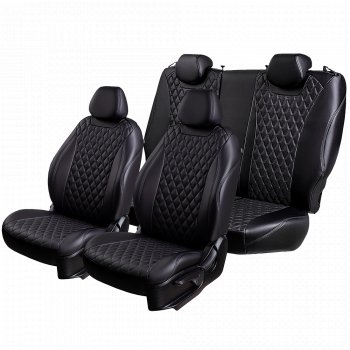 19 649 р. Чехлы для сидений (комплектация Active) Lord Autofashion Байрон (экокожа, сплошная спинка, 3 Г-образных подголовника)  Skoda Rapid ( NH3,  NH1) (2012-2020) дорестайлинг лифтбэк, хэтчбэк дорестайлинг, хэтчбэк рестайлинг, рестайлинг лифтбэк (Черный, вставка черная, строчка черная)  с доставкой в г. Керчь. Увеличить фотографию 2