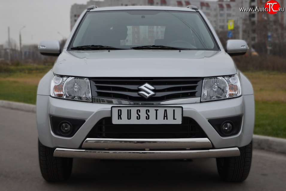16 849 р. Защита переднего бампера (2 трубыØ75х42 мм, нержавейка) Russtal Suzuki Grand Vitara JT 3 двери 2-ой рестайлинг (2012-2016)  с доставкой в г. Керчь
