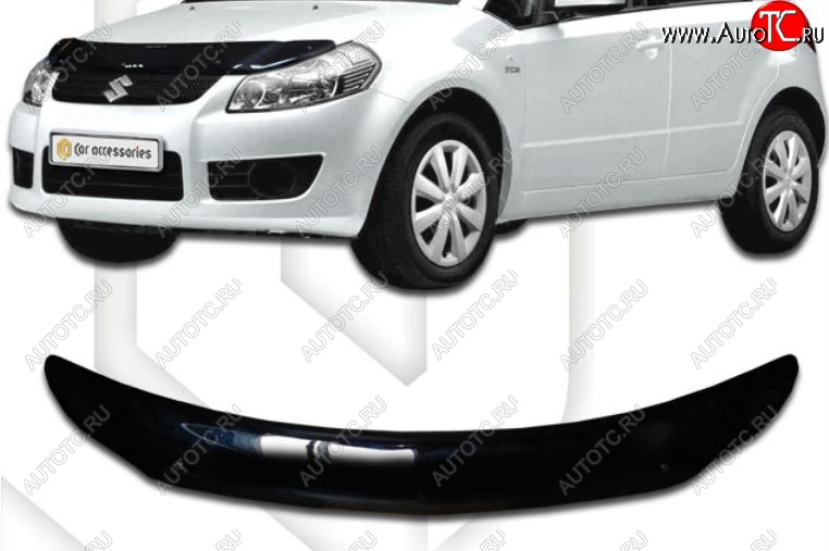 2 079 р. Дефлектор капота CA-Plastiс  Suzuki SX4  GYC21S (2006-2012) дорестайлинг седан (серый Classic черный, Без надписи)  с доставкой в г. Керчь