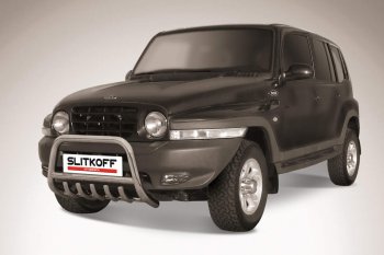 Защита переднего бампера Slitkoff (низкая с защитой картера, d57 мм) ТАГАЗ Tager 5d (2008-2012) (Нержавейка)