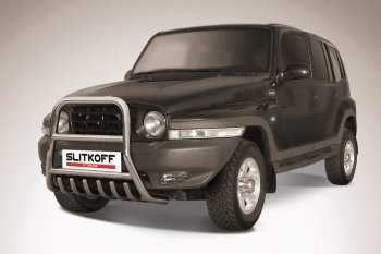 Защита переднего бампера Slitkoff (высокая с защитой картера, d57 мм) ТАГАЗ Tager 5d (2008-2012) (Нержавейка)