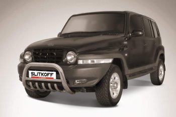 Защита переднего бампера Slitkoff (низкая с защитой картера, d76 мм) ТАГАЗ Tager 5d (2008-2012) (Нержавейка)