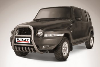 Защита переднего бампера Slitkoff (высокая с защитой картера, d76 мм) ТАГАЗ Tager 5d (2008-2012) (Нержавейка)