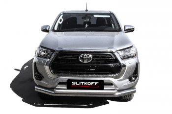 22 699 р. Защита переднего бампера Slitkoff (Ø 76+Ø 57, двойная).  Toyota Hilux  AN120 (2017-2020) 1-ый рестайлинг (Нержавеющая сталь)  с доставкой в г. Керчь. Увеличить фотографию 2