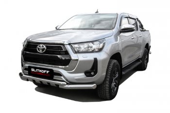 24 649 р. Защита переднего бампера Slitkoff (Ø 76+Ø 57, двойная с профильной ЗК). Toyota Hilux AN120 1-ый рестайлинг (2017-2020)  с доставкой в г. Керчь. Увеличить фотографию 2