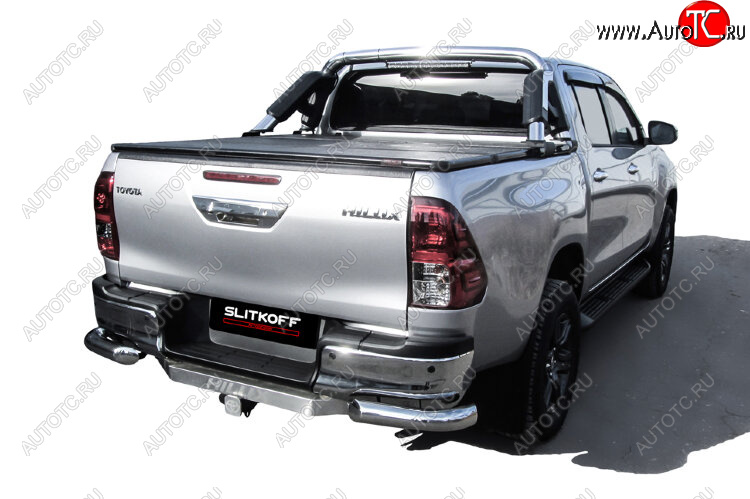 12 999 р. Защита заднего бампера Slitkoff (Ø 76 мм, уголки)  Toyota Hilux  AN120 (2017-2020) 1-ый рестайлинг (Нержавеющая сталь)  с доставкой в г. Керчь