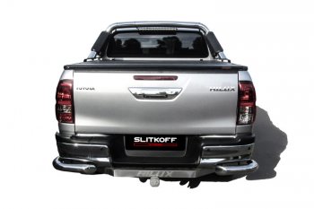 12 999 р. Защита заднего бампера Slitkoff (Ø 76 мм, уголки)  Toyota Hilux  AN120 (2017-2020) 1-ый рестайлинг (Нержавеющая сталь)  с доставкой в г. Керчь. Увеличить фотографию 2