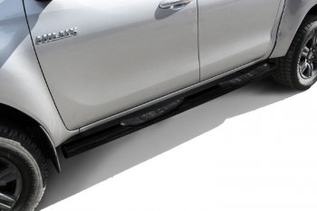 Защита порогов Slitkoff (Ø 76 мм, с проступями) Toyota Hilux  AN120 (2017-2020) 1-ый рестайлинг (Сталь с полимерным покрытием. Цвет: черный)