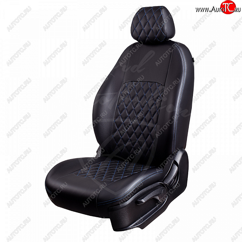 9 449 р. Чехлы для сидений Lord Autofashion Турин Ромб (экокожа) Toyota Avensis T250 седан дорестайлинг (2003-2006) (Черный, вставка черная, строчка синяя)  с доставкой в г. Керчь