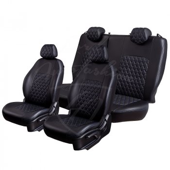 9 449 р. Чехлы для сидений Lord Autofashion Турин Ромб (экокожа) Toyota Avensis T250 седан дорестайлинг (2003-2006) (Черный, вставка черная, строчка синяя)  с доставкой в г. Керчь. Увеличить фотографию 4