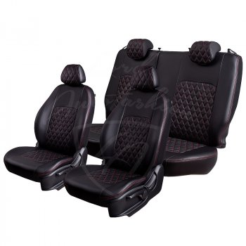 9 449 р. Чехлы для сидений Lord Autofashion Турин Ромб (экокожа) Toyota Avensis T250 седан дорестайлинг (2003-2006) (Черный, вставка черная, строчка красная)  с доставкой в г. Керчь. Увеличить фотографию 5