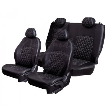 9 449 р. Чехлы для сидений Lord Autofashion Турин Ромб (экокожа) Toyota Avensis T250 седан дорестайлинг (2003-2006) (Черный, вставка черная, строчка серая)  с доставкой в г. Керчь. Увеличить фотографию 4