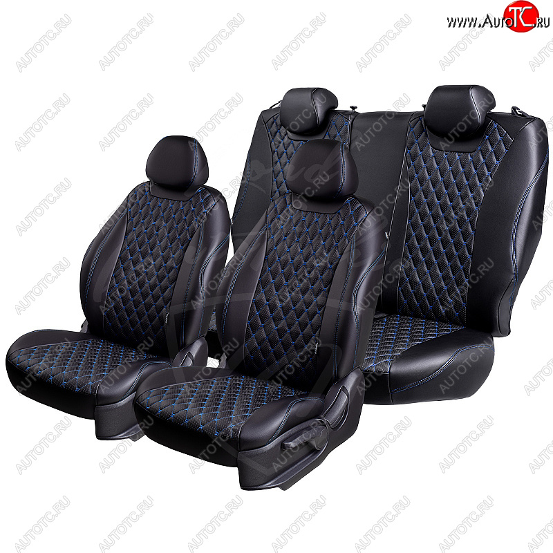 13 949 р. Чехлы для сидений Lord Autofashion Байрон (экокожа, 60/40, подлокотник, отдельные бока, 2 П- и 1 Г-образных подголовника)  Toyota Camry  XV70 (2017-2021) дорестайлинг (Черный, вставка черная, строчка синяя)  с доставкой в г. Керчь