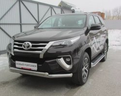 22 699 р. Защита переднего бампера Slitkoff (Ø 76+Ø 57 мм, двойная)  Toyota Fortuner  AN160 (2015-2020) дорестайлинг (Цвет: нержавеющая полированная сталь)  с доставкой в г. Керчь. Увеличить фотографию 2