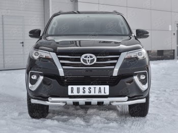 Защита переднего бампера (Ø63 мм с клыками, нержавейка) SLITKOFF Toyota Fortuner  AN160 (2015-2020) дорестайлинг