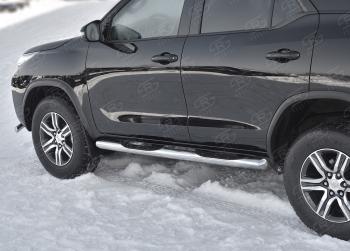 Защита порогов (Ø76 мм, с проступью) SLITKOFF Toyota Fortuner  AN160 (2020-2025) рестайлинг (торцы круглые 90°, полированная нержавейка)
