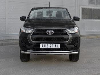 Защита переднего бампера (2 трубы Ø63 и 42 мм) SLITKOFF Toyota Hilux  AN120 (2020-2025) 2-ой рестайлинг (полированная нержавейка)