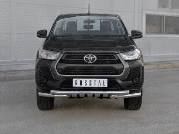 Защита переднего бампера (Ø63 мм с клыками) SLITKOFF Toyota Hilux  AN120 (2020-2025) 2-ой рестайлинг (полированная нержавейка)