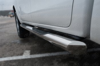 Защита порогов (Ø76 мм с накладкой) SLITKOFF Toyota Hilux  AN120 (2020-2025) 2-ой рестайлинг (торцы со скосами 45°, полированная нержавейка)