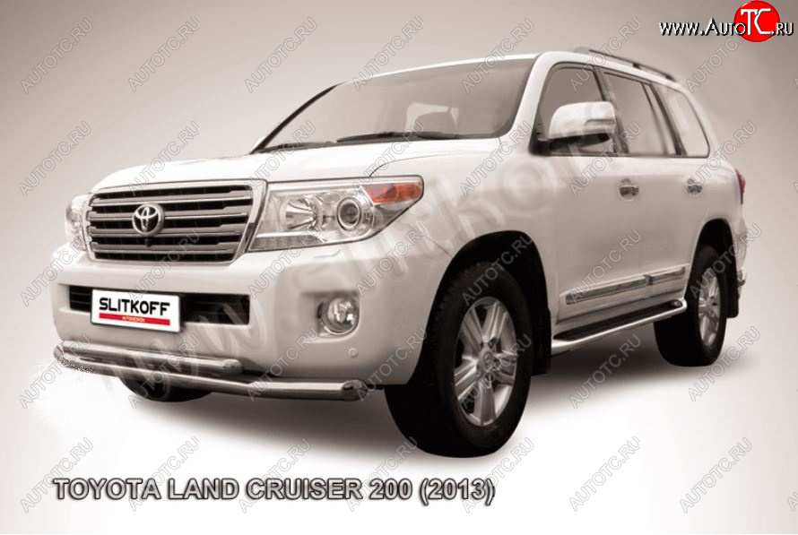 21 349 р. Защита переднего бампера Slitkoff (Ø76 и 57 мм)  Toyota Land Cruiser  200 (2012-2015) 1-ый рестайлинг (Нержавейка полированная)  с доставкой в г. Керчь