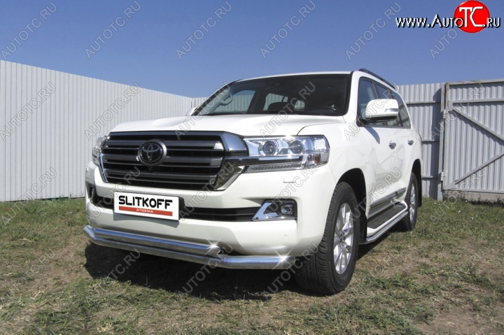 21 349 р. Двойная защита переднего бампера из труб диаметром 76 и 57 мм Slitkoff  Toyota Land Cruiser  200 (2015-2021) 2-ой рестайлинг (Цвет: нержавеющая полированная сталь)  с доставкой в г. Керчь