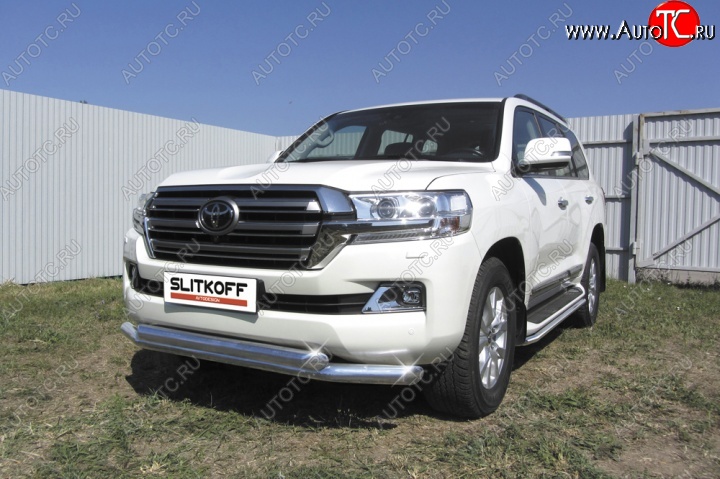 22 199 р. Двойная защита переднего бампера из труб диаметром по 76 мм Slitkoff  Toyota Land Cruiser  200 (2015-2021) 2-ой рестайлинг (Цвет: нержавеющая полированная сталь)  с доставкой в г. Керчь
