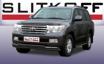 Защита переднего бампера Slitkoff (Ø 57+Ø 57+Ø 42, тройная). Toyota Land Cruiser  200 (2007-2012) дорестайлинг (Сталь с полимерным покрытием. Цвет: черный)