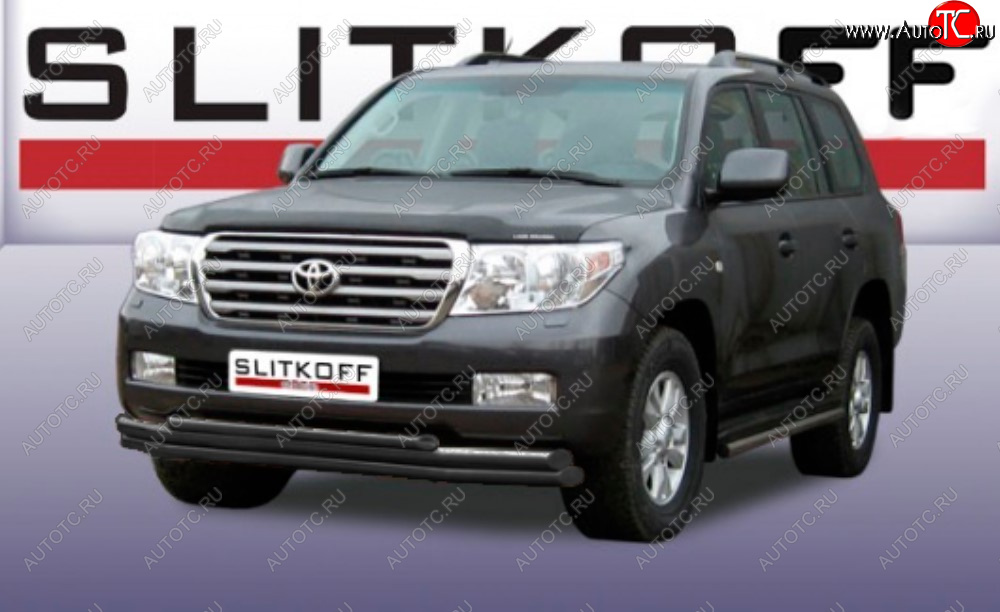 15 899 р. Защита переднего бампера Slitkoff (Ø 57+Ø 57+Ø 42, тройная). Toyota Land Cruiser 200 дорестайлинг (2007-2012) (Сталь с полимерным покрытием. Цвет: черный)  с доставкой в г. Керчь