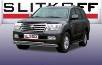 Защита переднего бампера Slitkoff (Ø 57+Ø 57+Ø 42, тройная). Toyota Land Cruiser  200 (2007-2012) дорестайлинг (Сталь с полимерным покрытием. Цвет: серебристый)