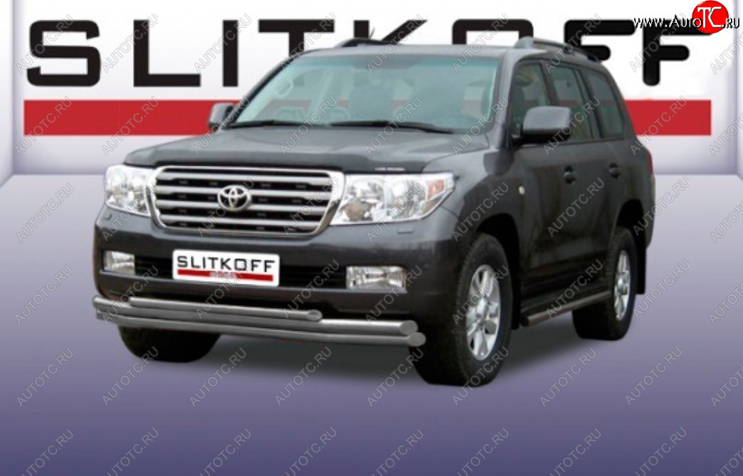 15 899 р. Защита переднего бампера Slitkoff (Ø 57+Ø 57+Ø 42, тройная).  Toyota Land Cruiser  200 (2007-2012) дорестайлинг (Сталь с полимерным покрытием. Цвет: серебристый)  с доставкой в г. Керчь