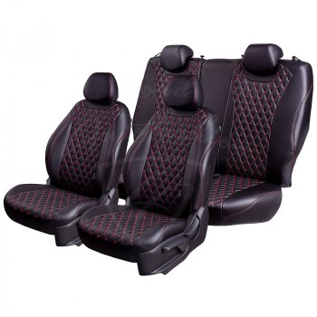 Чехлы для сидений Lord Autofashion Байрон (экокожа, спинка и сиденье 60/40, 3 Г-образных подголовника) Toyota Land Cruiser Prado  J150 (2009-2013) дорестайлинг (Черный, вставка черная, строчка красная)
