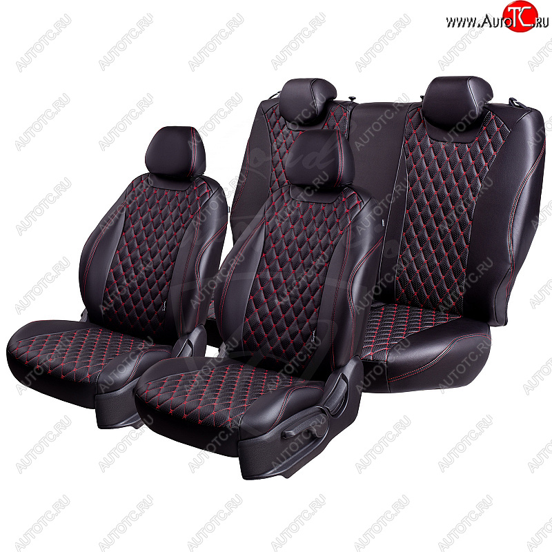 10 899 р. Чехлы для сидений Lord Autofashion Байрон (экокожа, спинка и сиденье 60/40, 3 Г-образных подголовника)  Toyota Land Cruiser Prado  J150 (2009-2013) дорестайлинг (Черный, вставка черная, строчка красная)  с доставкой в г. Керчь