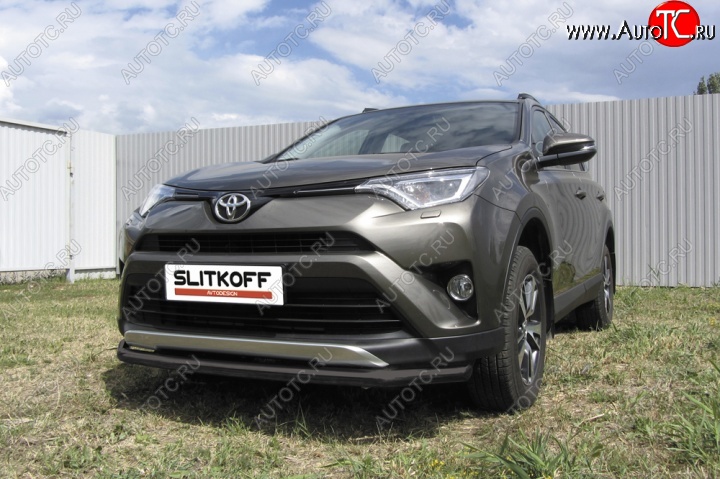 7 499 р. Защита переднего бампер Slitkoff Toyota RAV4 XA40 5 дв. рестайлинг (2015-2019) (Цвет: серебристый)  с доставкой в г. Керчь