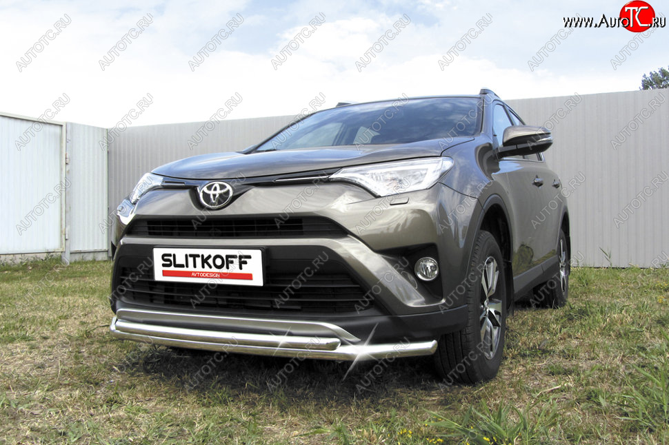 13 699 р. Защита переднего бампера Slitkoff (Ø57 и 42 мм)  Toyota RAV4  XA40 (2015-2019) 5 дв. рестайлинг (Нержавейка полированная)  с доставкой в г. Керчь